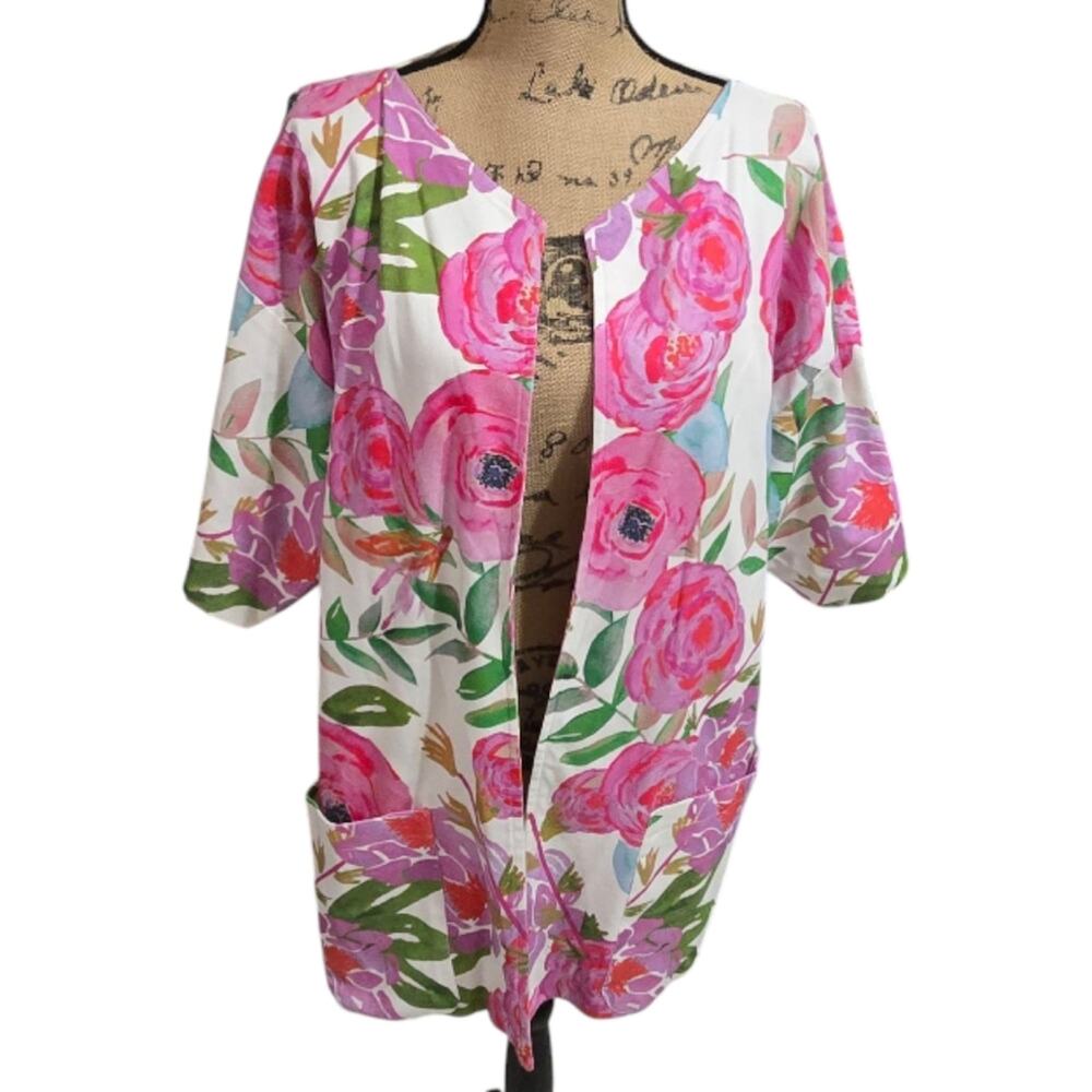 Brooke Wright Pink White Green Floral Open-Front Blazer Jacket Size Medium Large